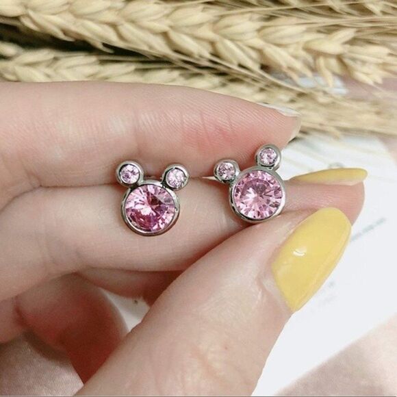 Silver Platinum and Pink Sapphire Cubic Zirconia Mickey Mouse Post Stud Earrings - Picture 3 of 6